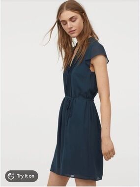 H&M Dark Teal Chiffon Dress Pin-Tuck Pleats Minimalist Dark Academia Size Small